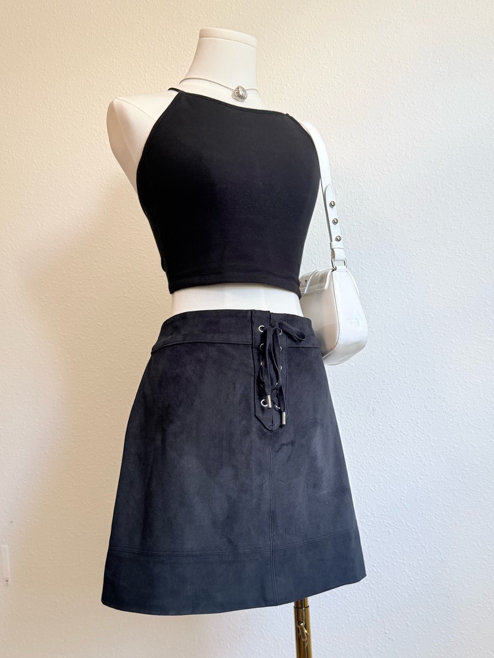 Y2K Abercrombie & Fitch Lace Up Mini Skirt Faux Suede Boho Chic Feminine - Picture 2 of 6